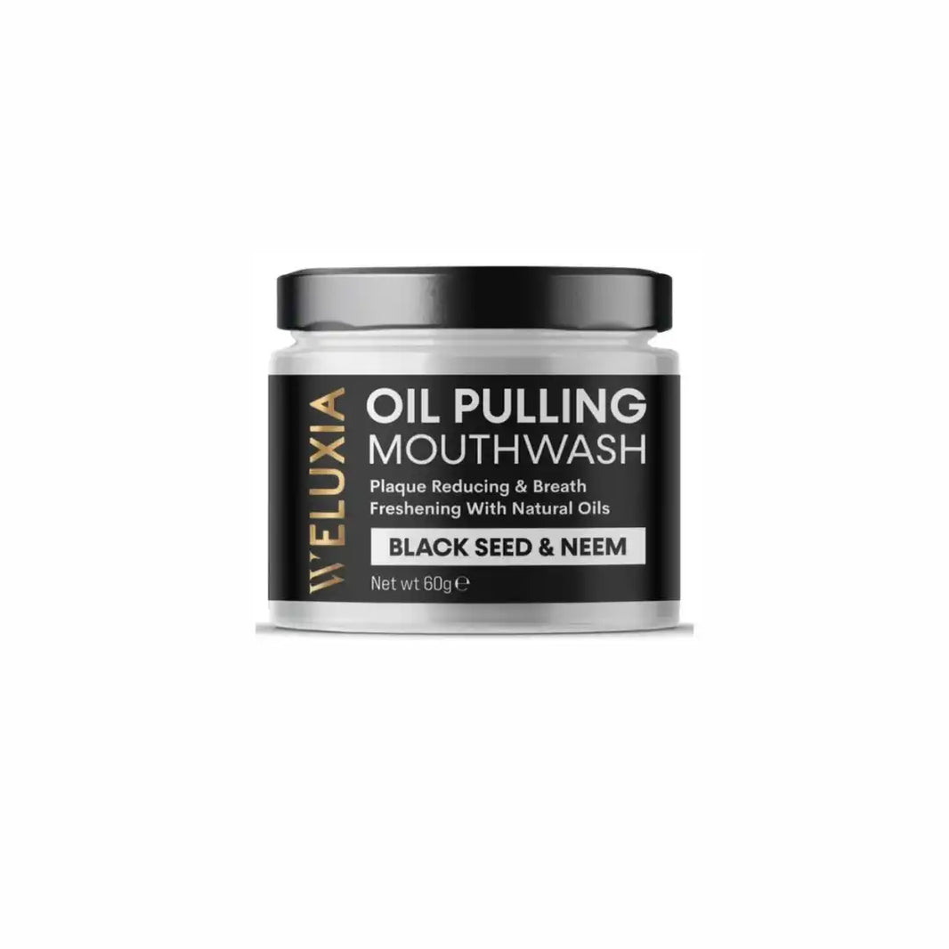 Black jar of oil pulling mouthwash containing black seed and neem.