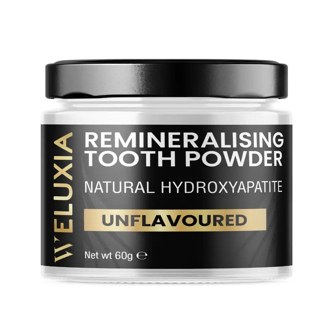 Black and white jar of unflavoured remineralising tooth powder containing hydroxyapatite.