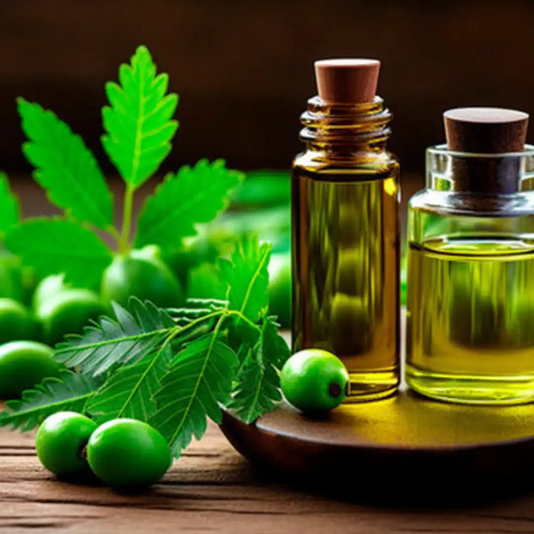 Glass bottles of essential oil alongside fresh green berries and leaves.