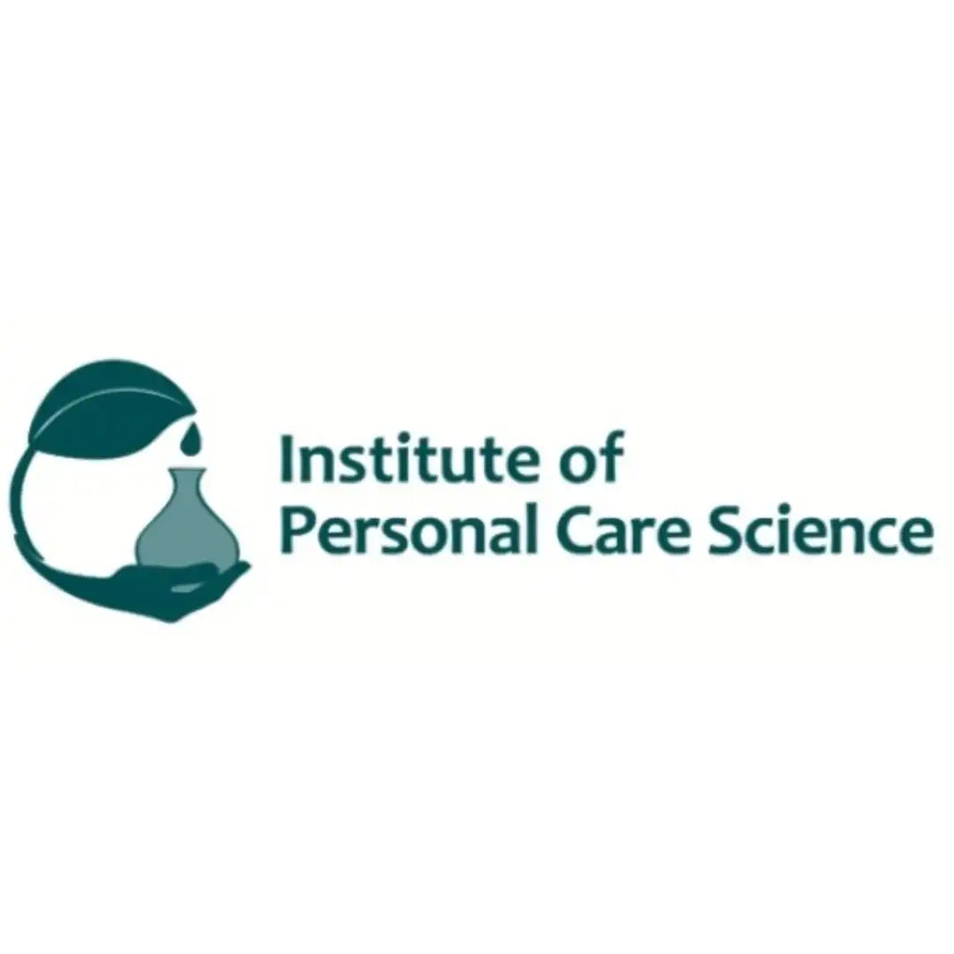 Logo featuring a stylized green leaf and droplet forming a laboratory flask design alongside text reading ’Institute of Personal Care Science’