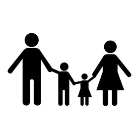 Simple black silhouette icon of a family with two parents and two children holding hands.