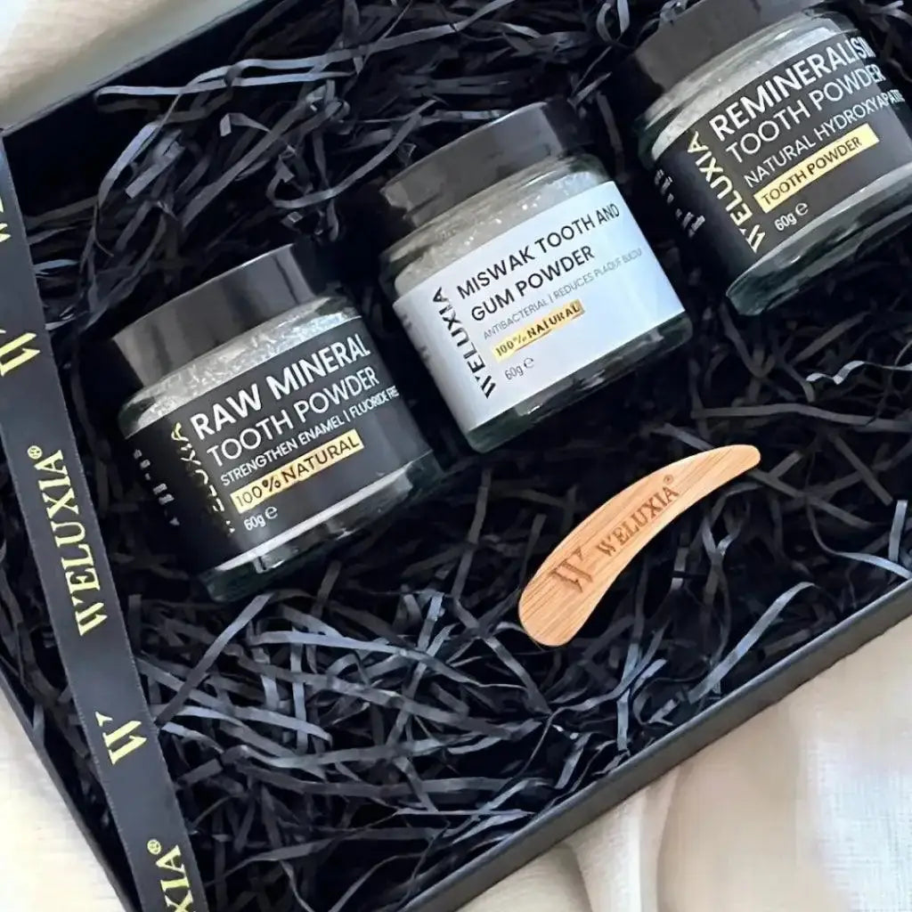 Tooth Powder Trio Set featuring three unique tooth powders in a box